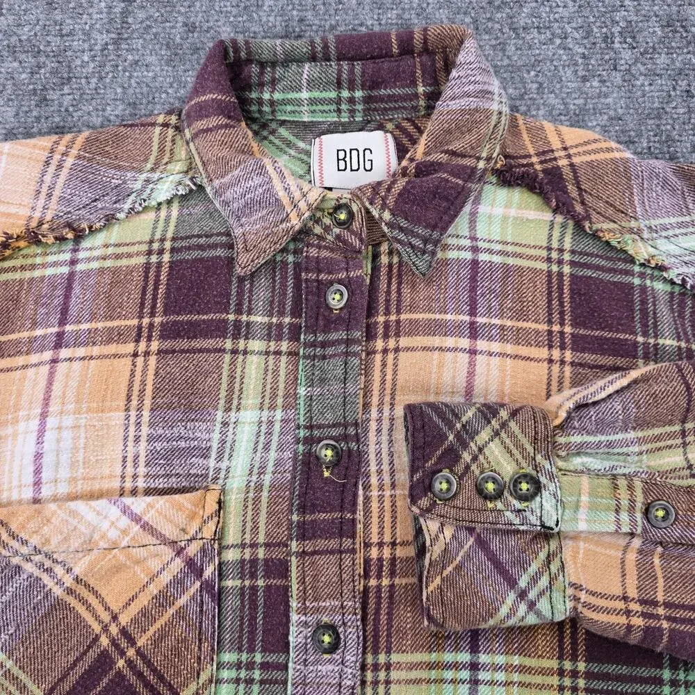 BDG Shirt Womens XS Multicolor Plaid Flannel Raw Hem Button Up Relaxed Fit Boho - Picture 1 of 16